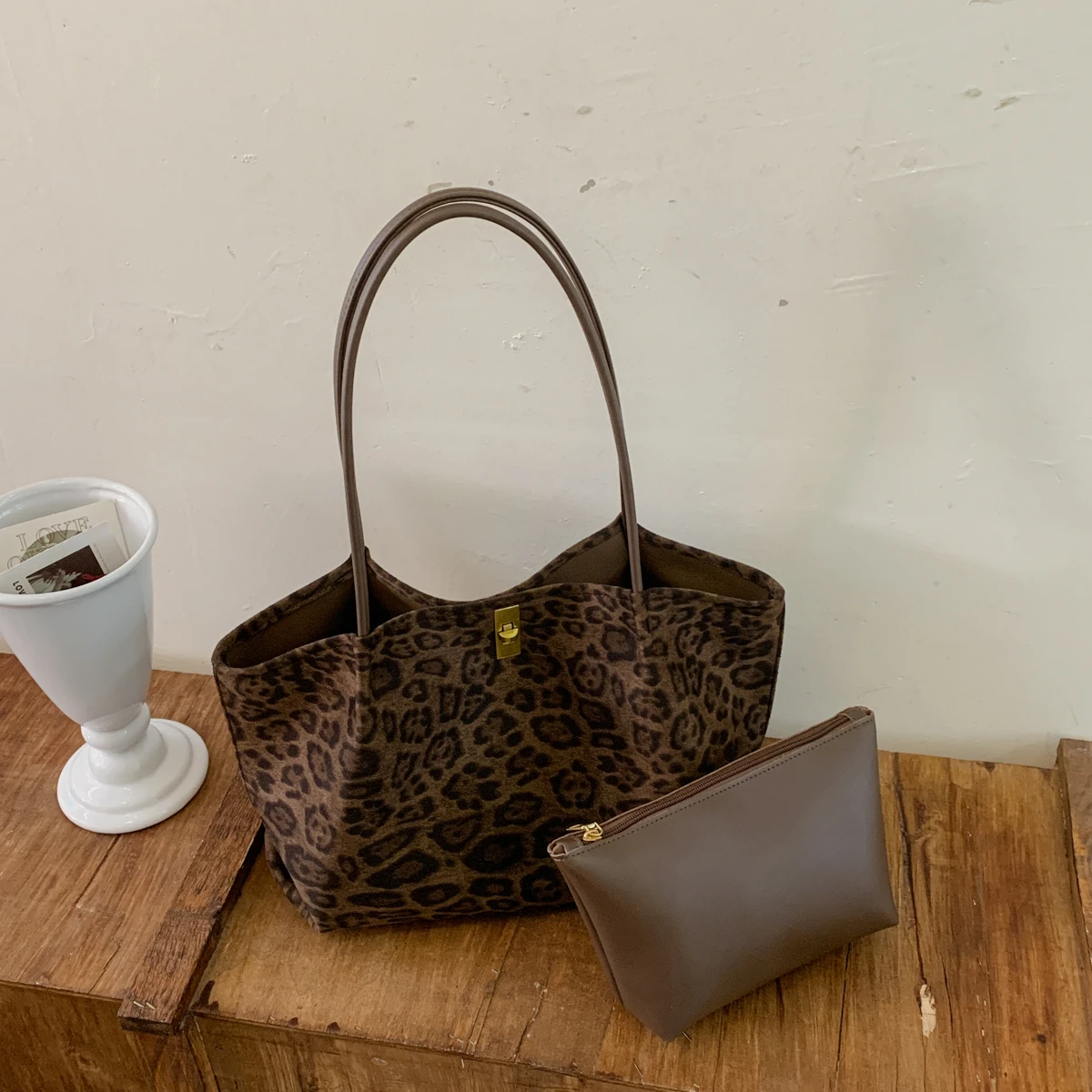 Luxury Bags Tote - Retro-Handtasche aus Wildleder mit Leopardenmuster für